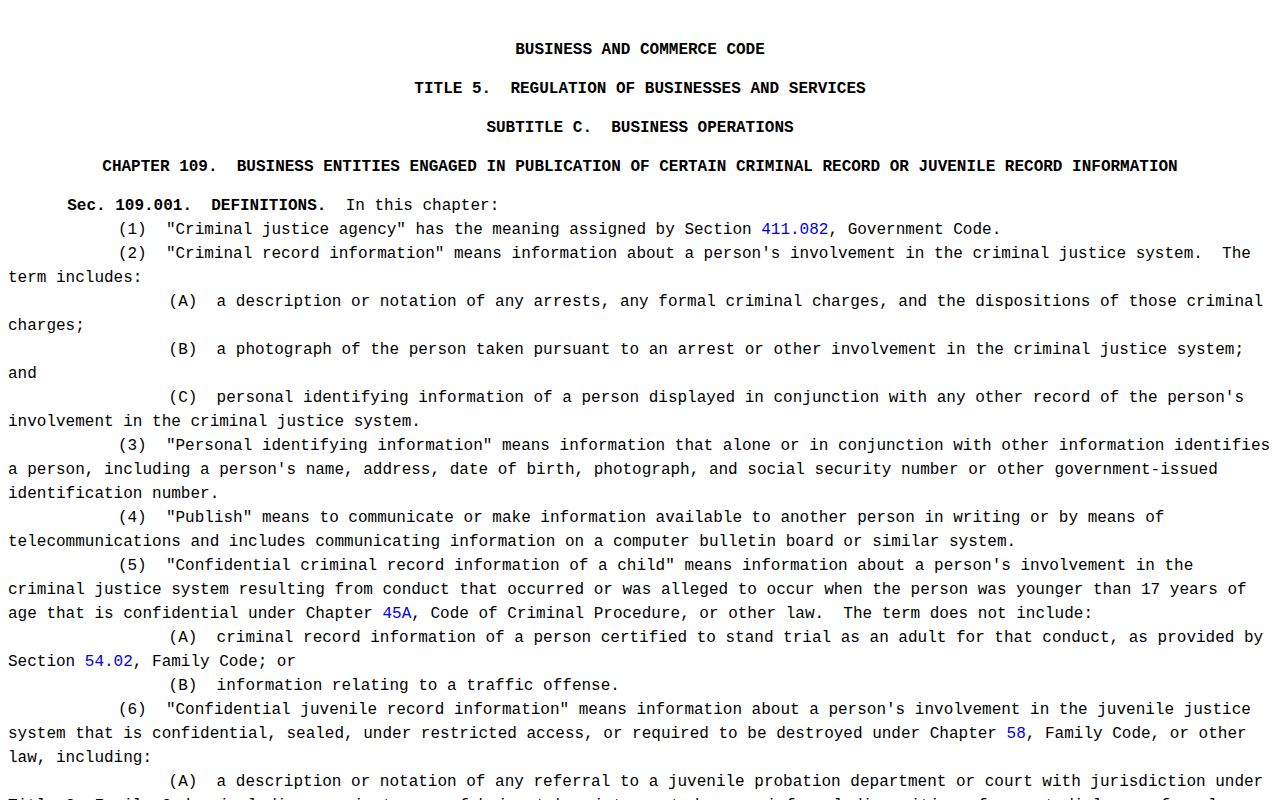 Texas Chapter 109 criminal-record and mugshot-law definitions