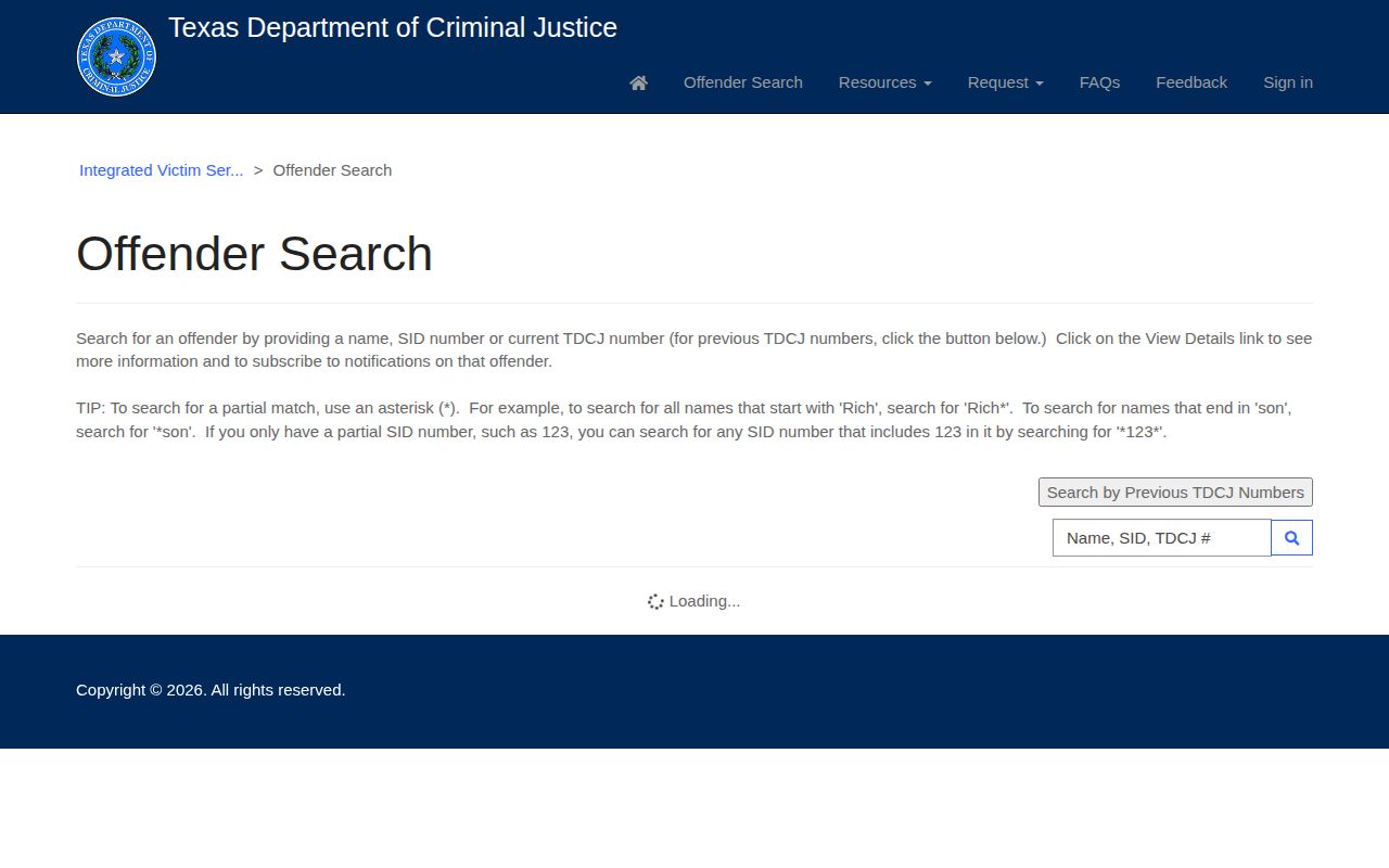 Texas TDCJ offender custody and supervision search fields