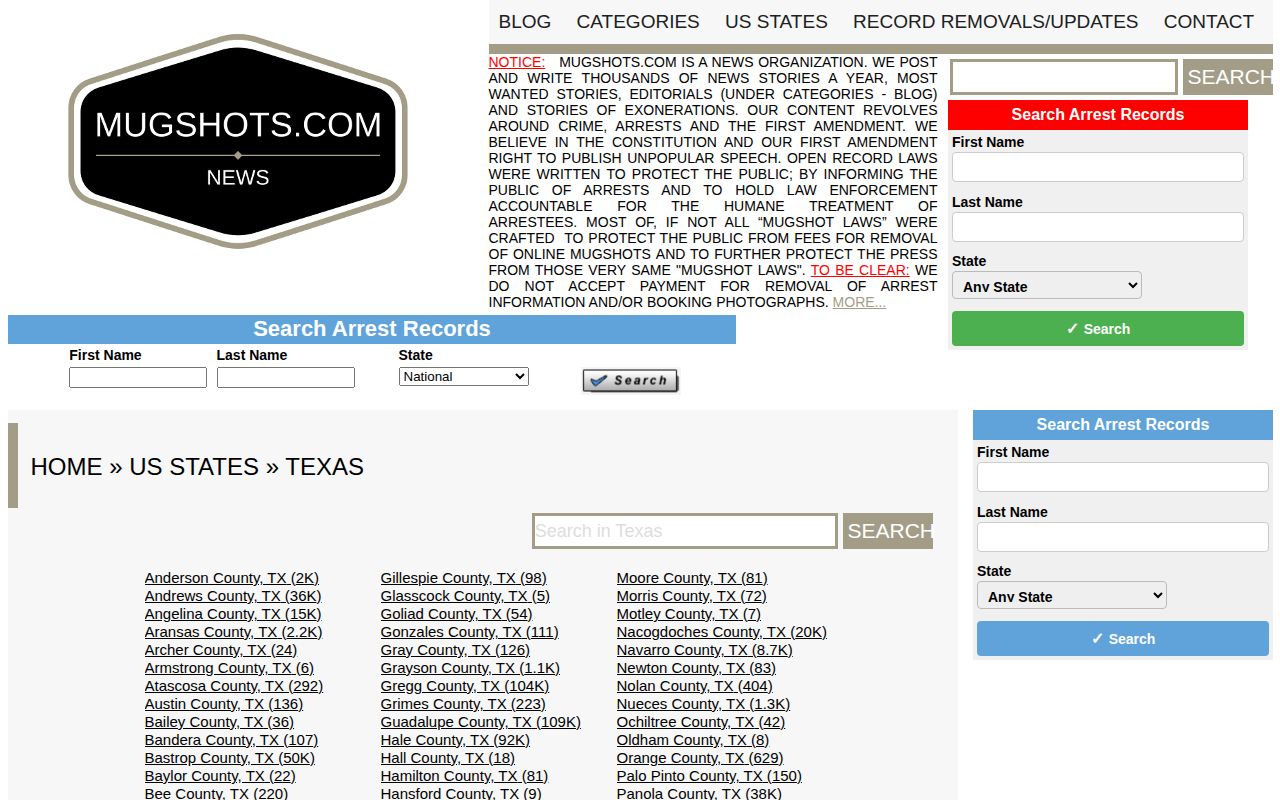 Mugshots.com Texas arrest-record search interface on an unofficial state archive page