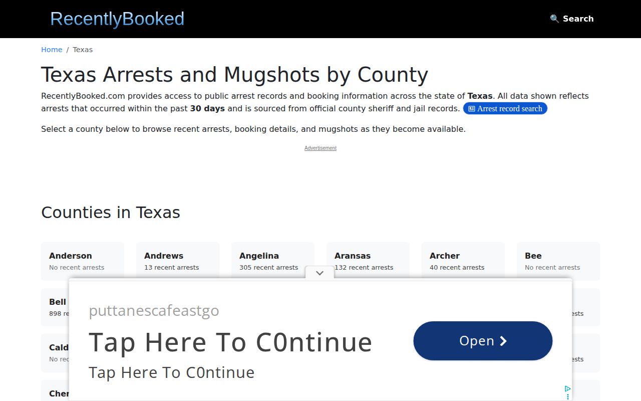 Unofficial RecentlyBooked Texas county index